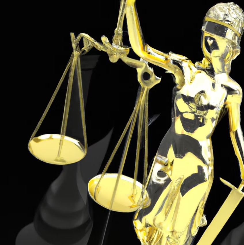Gold statue of Lady Justice holding balanced scales